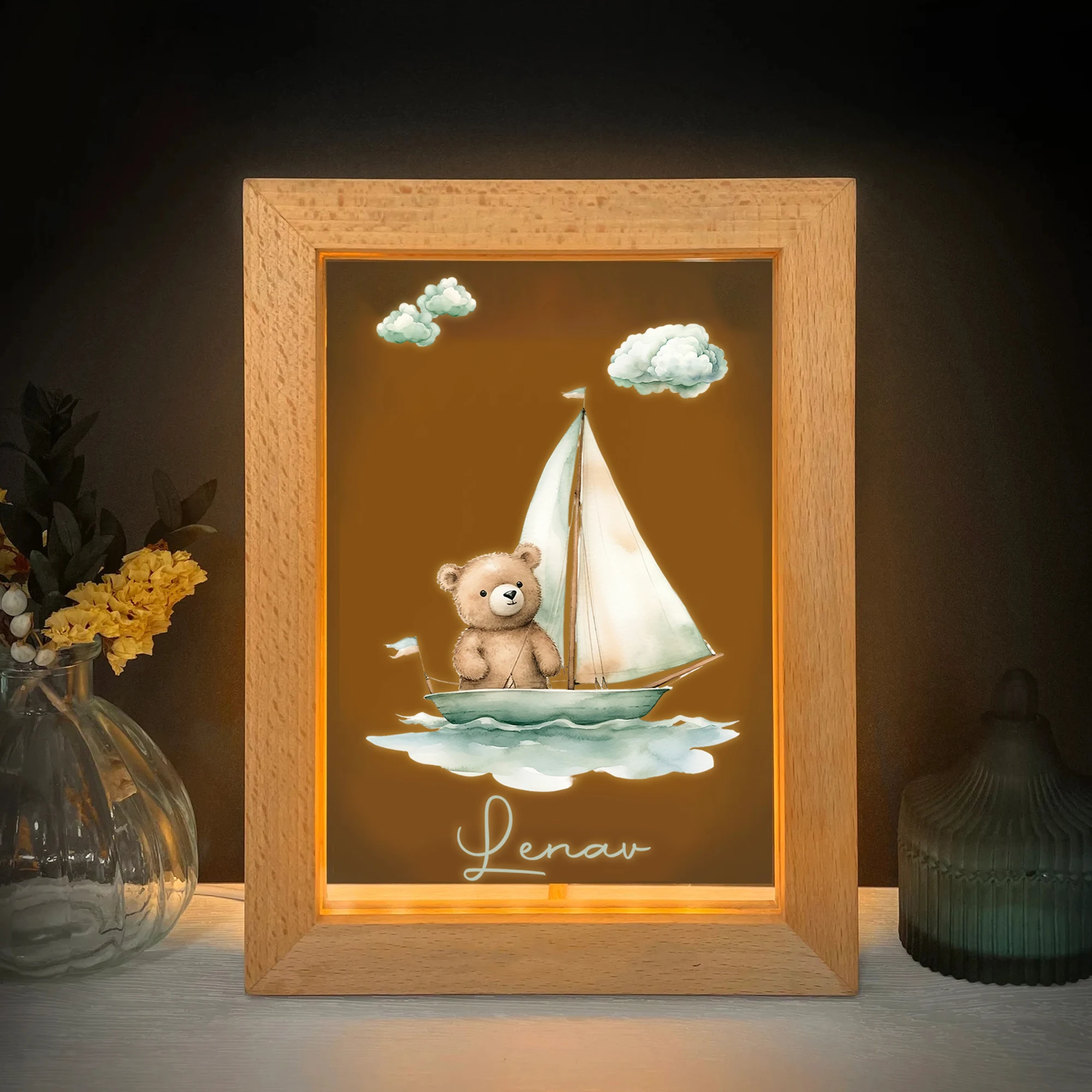 หมีบนเรือใบ LED Night View กรอบรูปของขวัญที่กําหนดเองครอบครัวห้องนั่งเล่นห้องนอนห้องรับประทานอาหารตกแต่งบ้าน