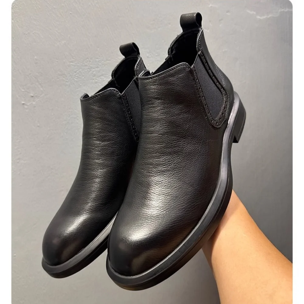 

QHCCID Men's High-Top Chelsea Boots Black Cowhide Shoes Good Air Ventilation New Fall Style for Men