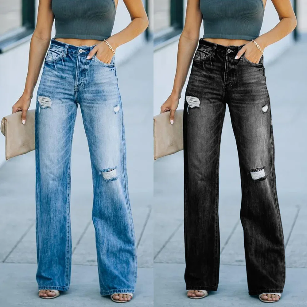 Women Jeans Wide Leg Pants Holes Washing Ankle Length Pants Denim Pockets Solid Color Spring 2025 Loose Fit High Street