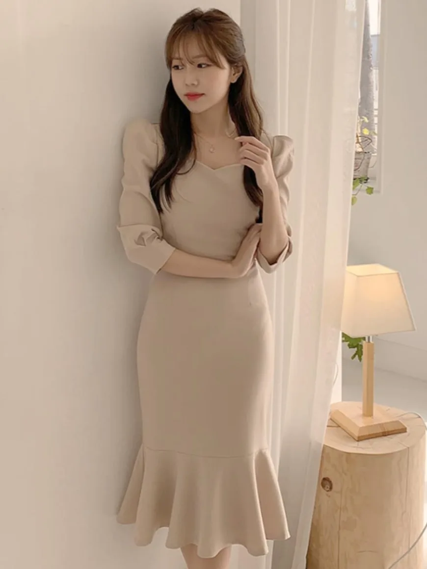 Colletto a cuore retrò di inizio autunno Dr Fi Tail Seven Sve Midi Dr Commute Sle Vestibilità regolare Medio Softn Online Excl...