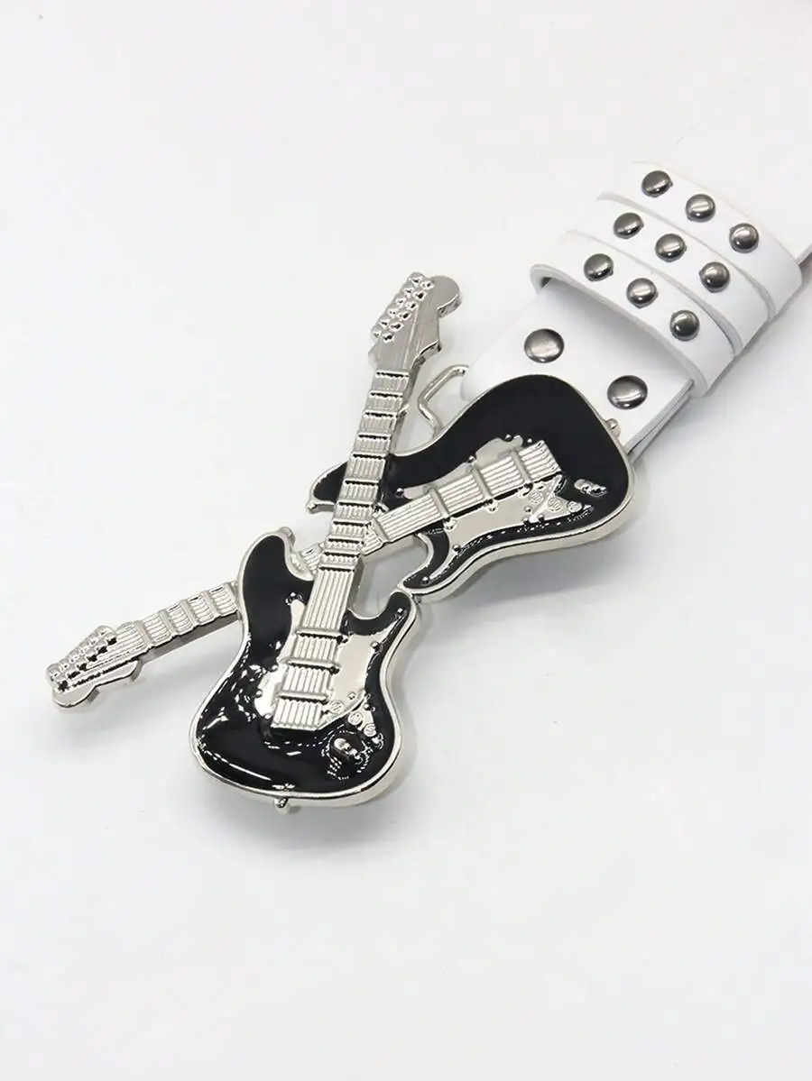 1pc Women's Punk Guitar Geometric Pattern Rivet PU Leather Belt, Decorative, Party