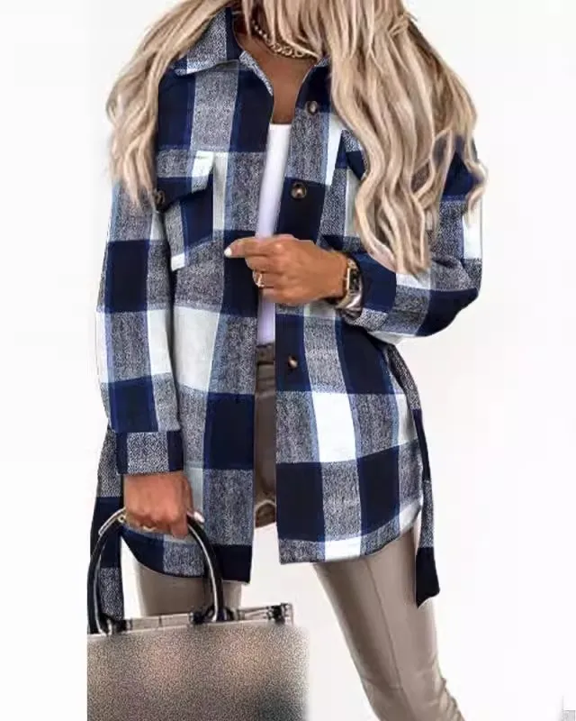 Women's new fashion tie plaid printed woolen jacket loose and personalized versatile commuting clothing