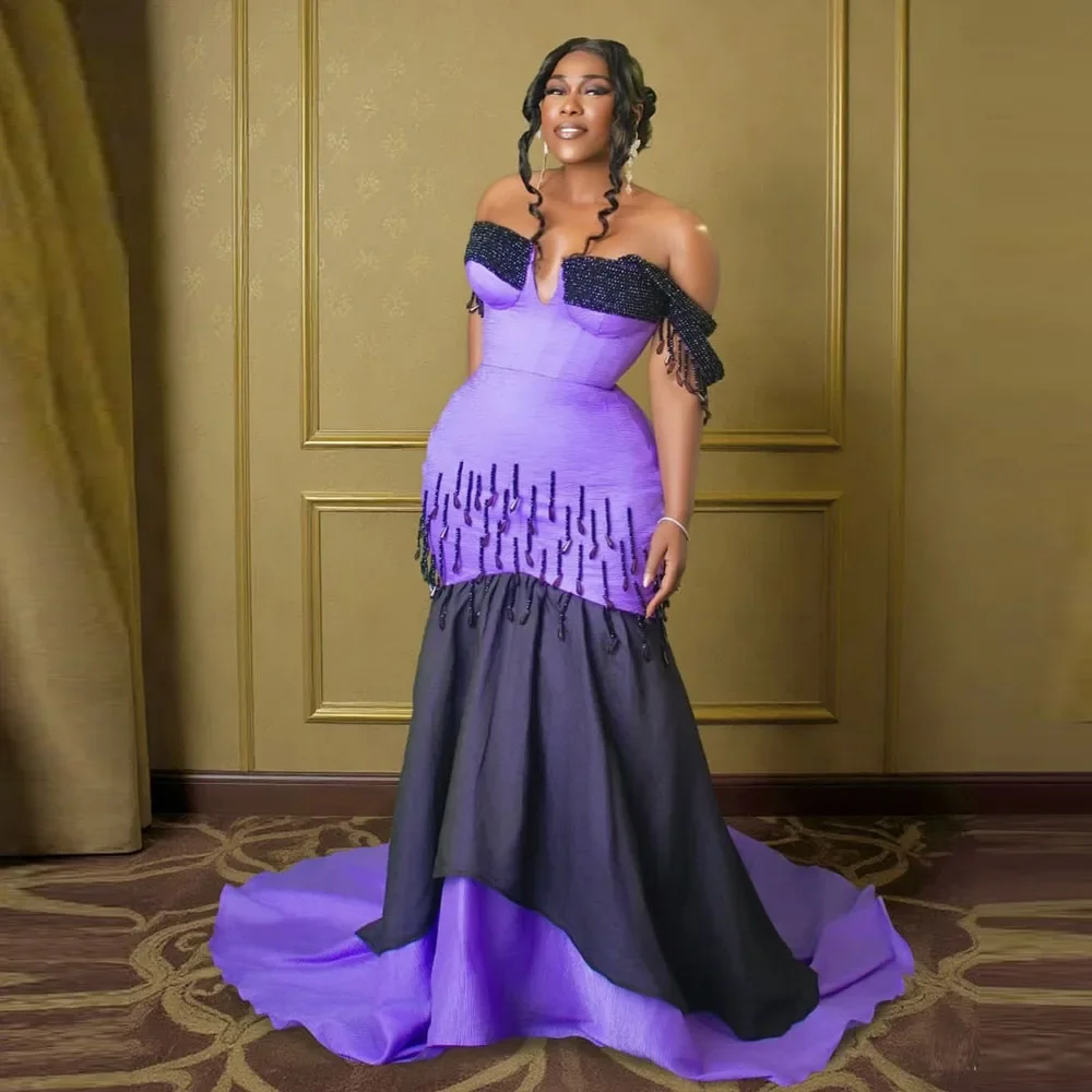 Off The Shoulder Beads Tassels Long Special Occasion Formal Party Gowns Aso Ebi Mixed Color Purple & Black Mermaid Prom Dress