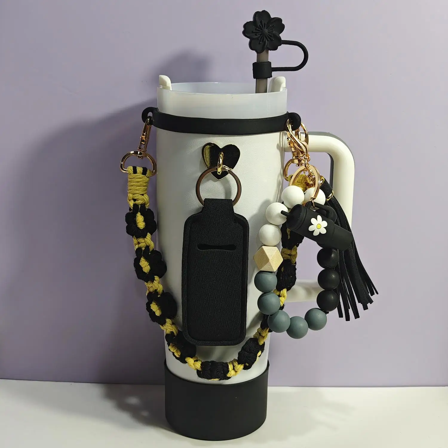 Black Water Bottle Strap Set with Beaded Tassel Charms Cup Sleeve Bow Straw Topper And Dust Plug