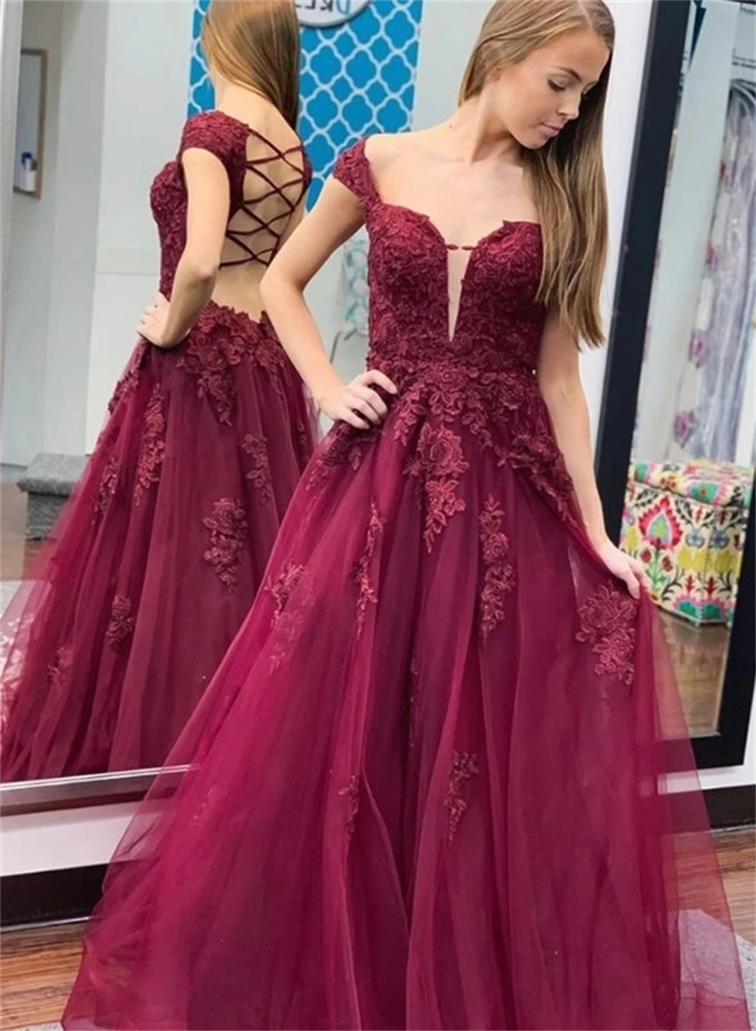 Aileen Grace Elegant Evening Dresses for Women Luxury Evening Dress 2024 Lace Claret Line A Mesh Backless Ball Gown Prom Formal