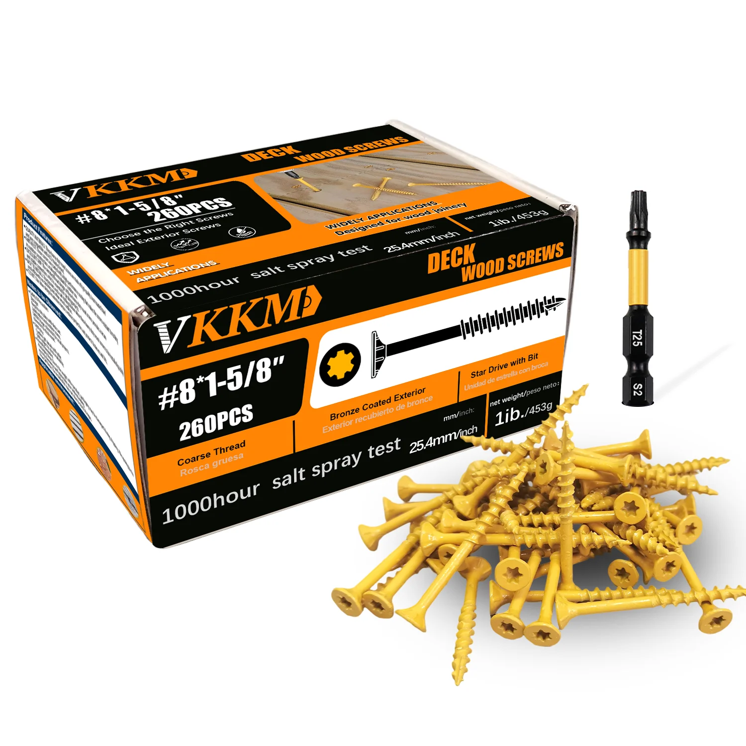 

VKKM 1-5/8 Inch Deck Screws, Wood Screws #8*1-5/8 260 Pieces, Anti-rust Epoxy Resin Coating, Including Torx T25 Drive, Yellow