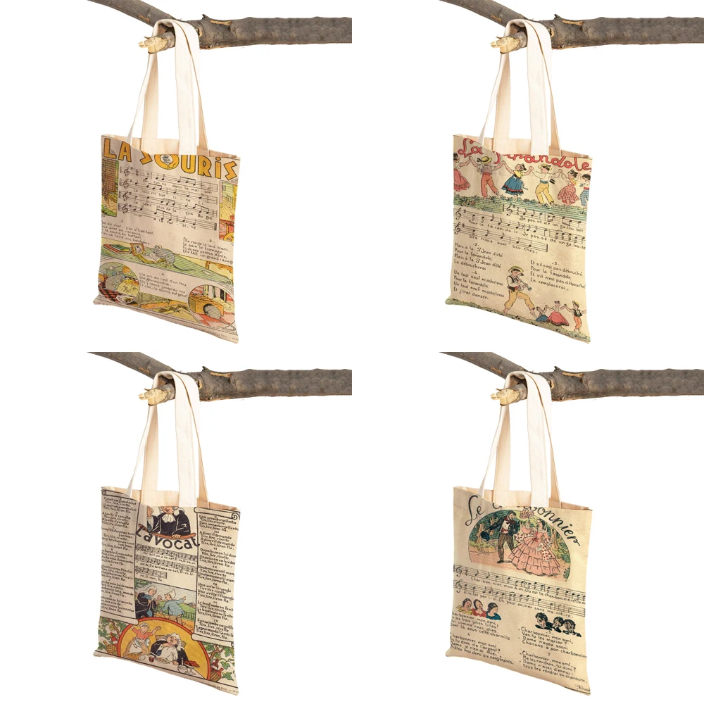 Vintage Newspaper Woman Shoulder Bags Shopper Folding Canvas Tote Designer Handbags Europe Music Printed Travel  Shopping Bag