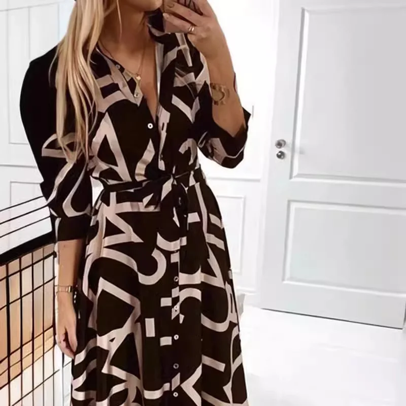 Women Dress Women V-neck Spring Autumn Geometry Printed button-up long-sleeved Woman mid-calf Dresses Vestidos TXGL028