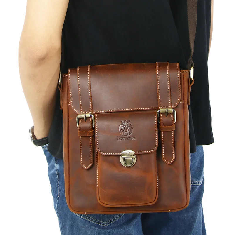 Vintage genuíno couro dos homens bolsa de ombro mensageiro sacos do carteiro para o sexo masculino marido telefone escritório crossbody sacos saco