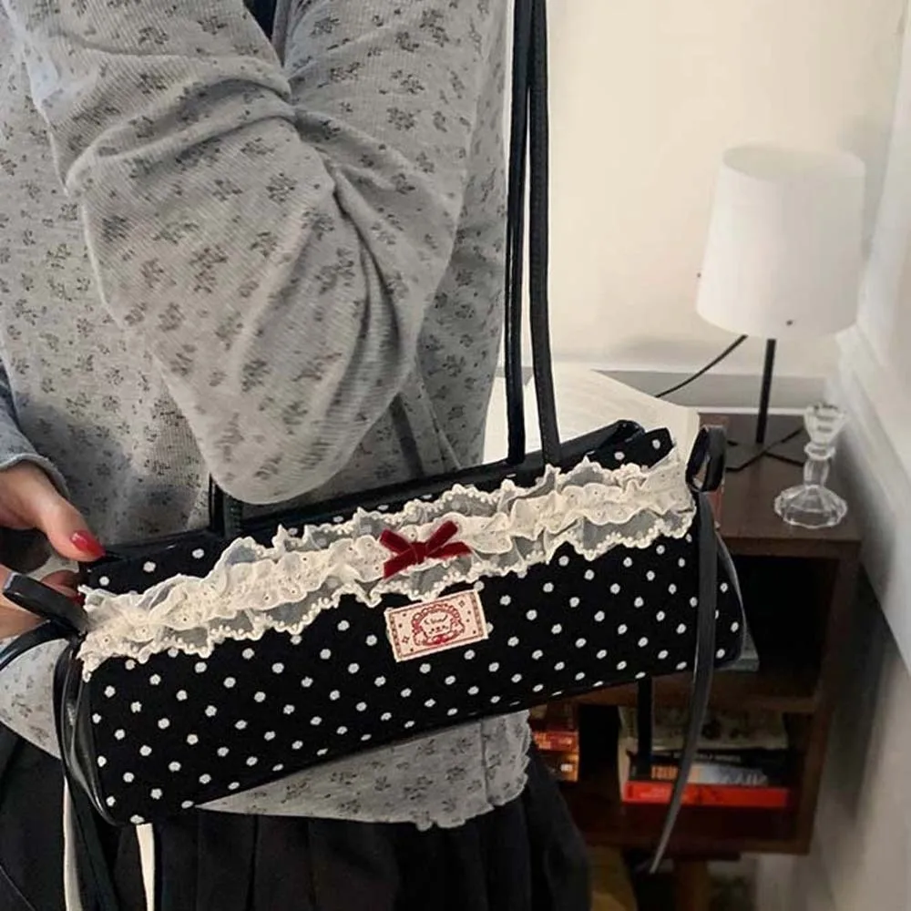 

Shopping Sweet French Stick Handbag Lace Large Capacity Polka Dot Underarm Bags Bow Korean Style PU Shoulder Bag Daily