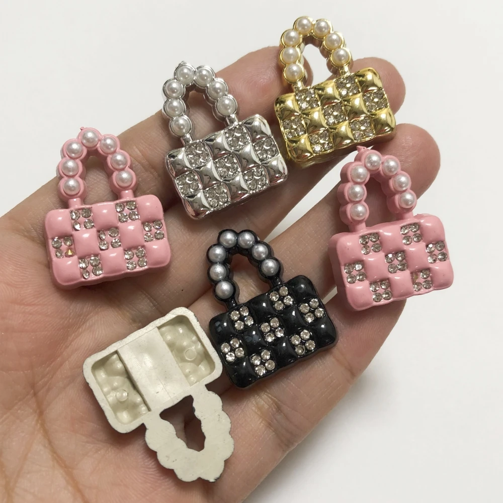

10Pcs Luxury Sweet Y2K Cute Pink Black Grid Square Pearl Handbag With Rhinestone Flat Back Charms Junk Phone Case Decorations