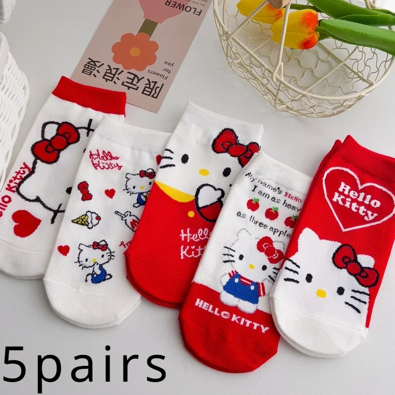 

5 Pairs Kawaii Sanrio HelloKitty Women Socks Cute Cartoon Christmas Socks Anime Cotton Korean Sweet and Comfortable Sock Girl