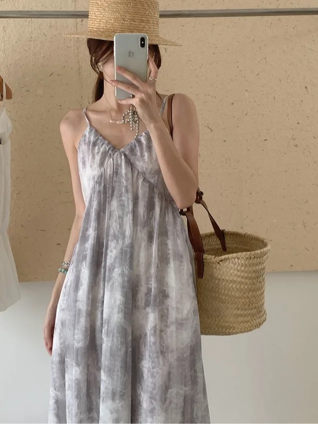 

Dongda Gate Summer Vintage Small Batch adient Flower Pattern Svel V-ne Sling Dr Chiffon Floral Dr Women