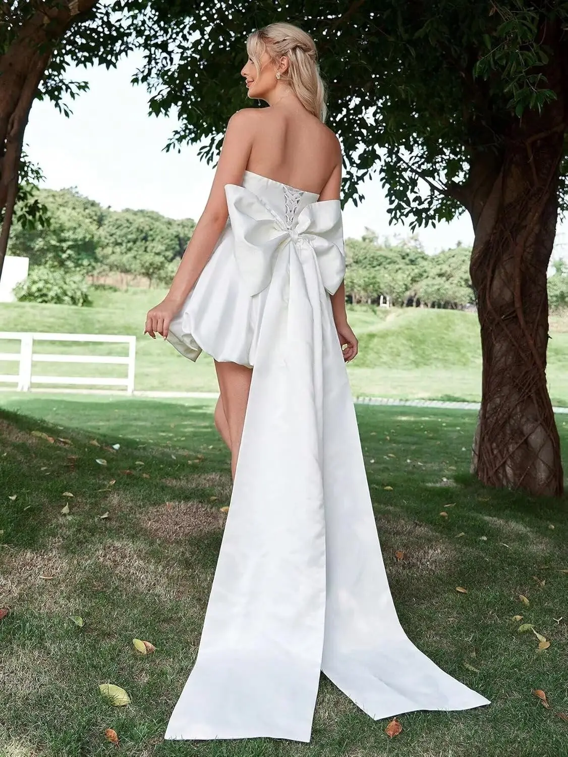 Gonna gonfia senza spalline in raso, con fiocco grande sul retro, abito da ballo per feste, abito da fidanzamento, abito da sera formale, strascico con fiocco