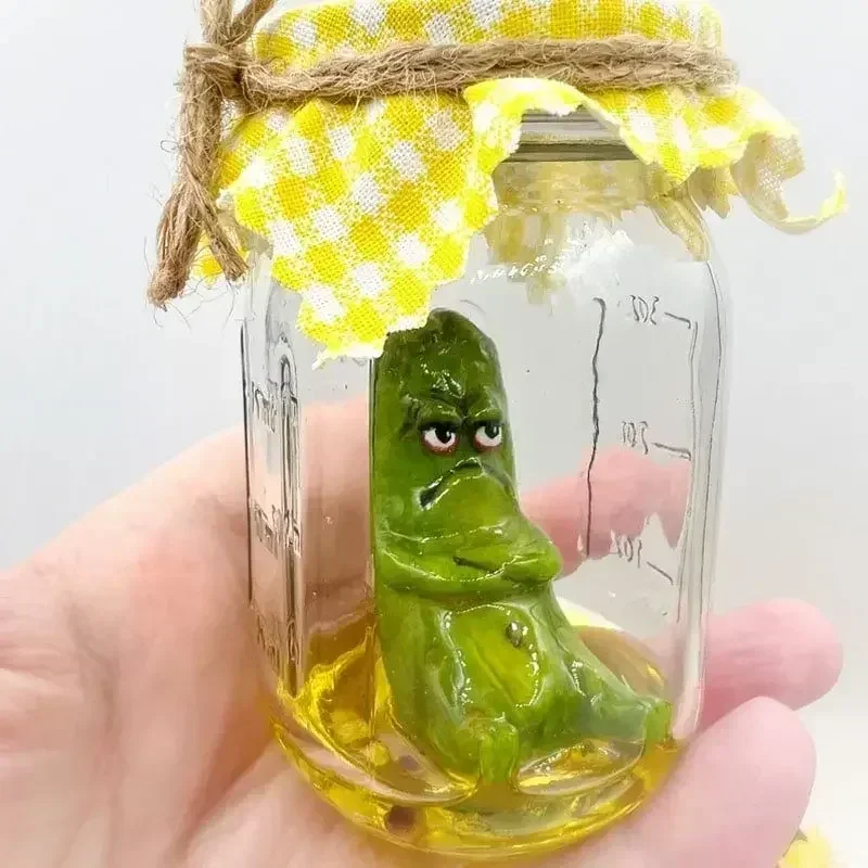 

Grumpy Pickle In A Jar Sculpture Creative Mini Grumpy Clear Glass Pickle Statue Funny Aojiao Jar Pickle Cartoon Display