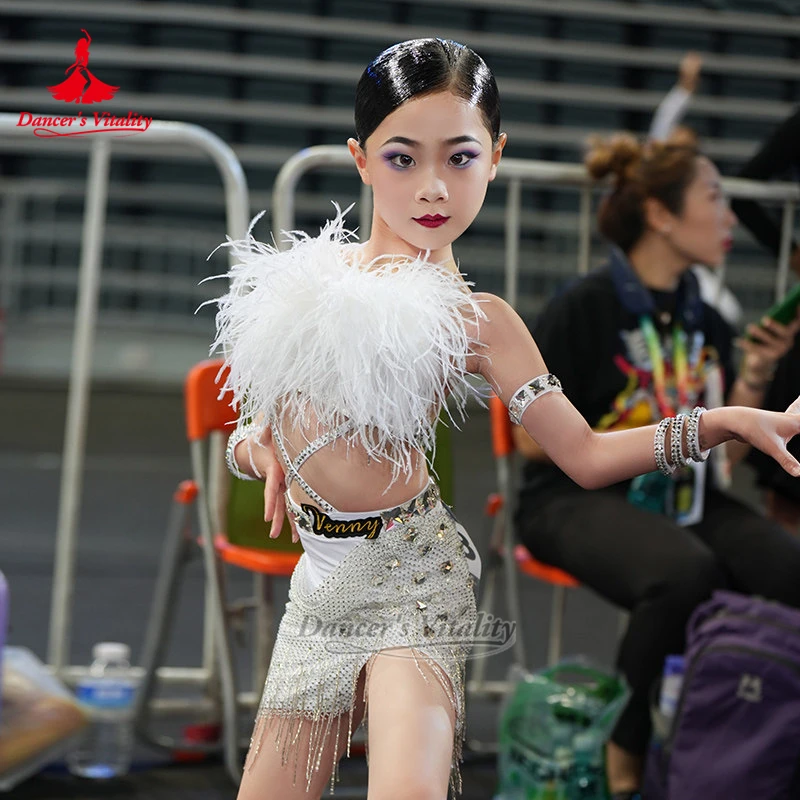Luxurious AB Stones Latin Dance Feather Style Dresses Teenagers Chacha Samba Jive Contest Clothes Customized Dancer's Vitality