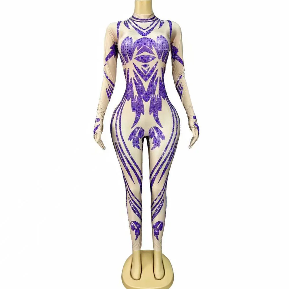 

Sexy Elegant Designed Shining Purple Rhinestones Jumpsuit Women Birthday Party Show Singer Dancer Performance Stage Costume