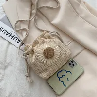 Woven Straw Mini Messenger Bag for Women Drawstring Closure Summer Cute Bucket Bag with Flower Crossbody Bag, Phone Wallet Pouch - Image 4