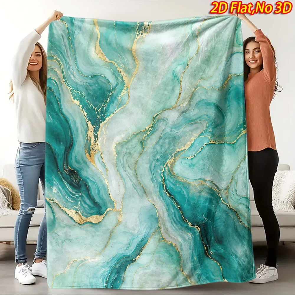Teal Green Marble Gold Foil Swirl Abstract Fluid Art Print Flannel Blanket Soft Throw For Sofa Bedroom Modern Home Decor Gift