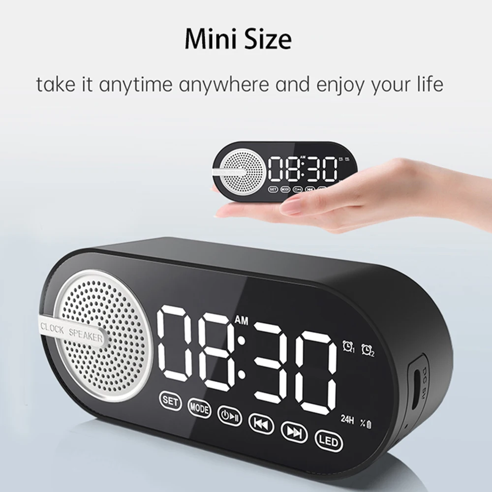 Wireless Bluetooth Speaker Alarm Clock TWS USB LED Mirror Digital Clock FM Radio Large Display Room Office Desktop Loudspeaker