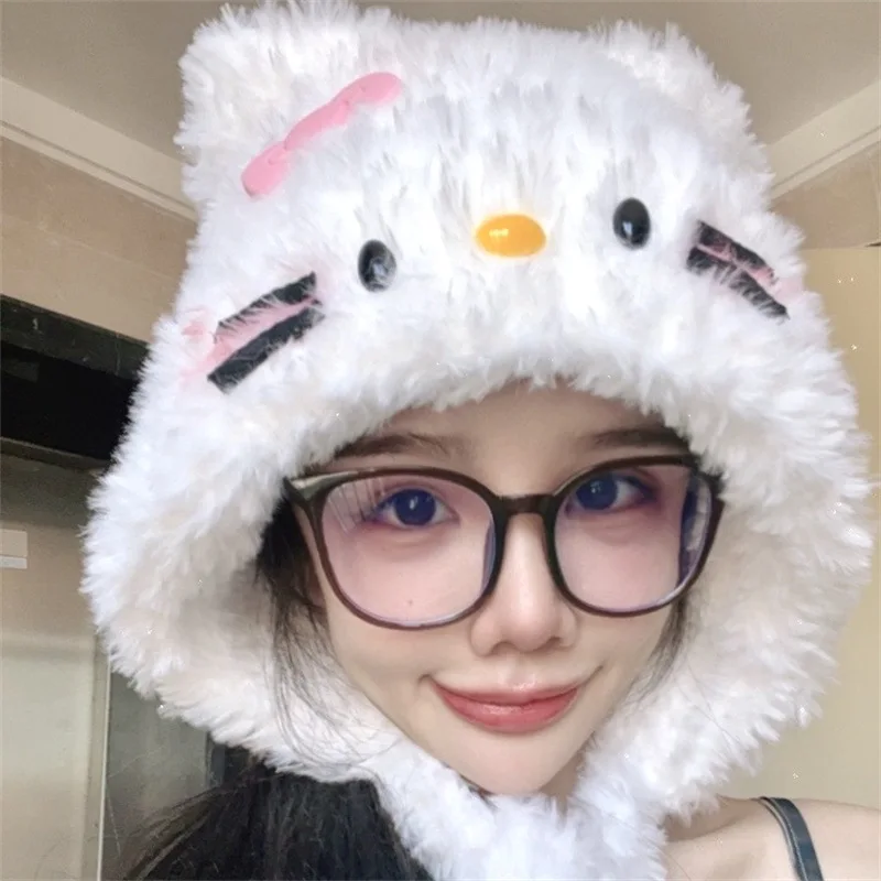 

Cartoon Hello Kitty Kawaii Hat Ear Cap Cute Anti Cold and Windproof Hat Girl Heart Cute Plush Hat Christmas Gifts