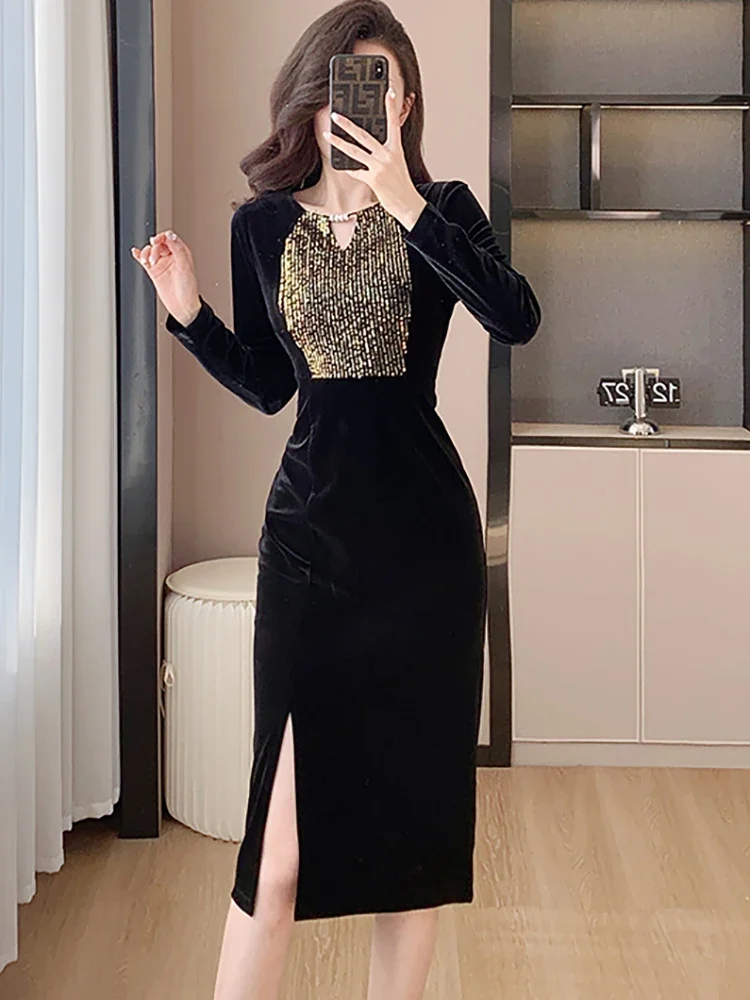 Imagem -02 - Feminino Black Velvet Patchwork Sequins Vestido Longo Chique Elegante Vestido Festival Coreano Luxo Tarde Outono Inverno 2023