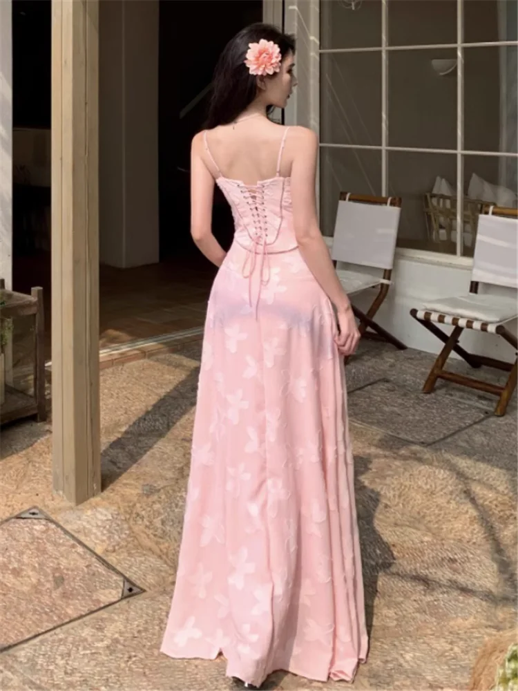 عطلة نمط الجنية الأبيض الوردي الأشرطة المطرزة فستان طويل الفرنسية الجديدة الصيف الجوف شاطئ شاطئ البحر منتجع ألف خط فستان الصور