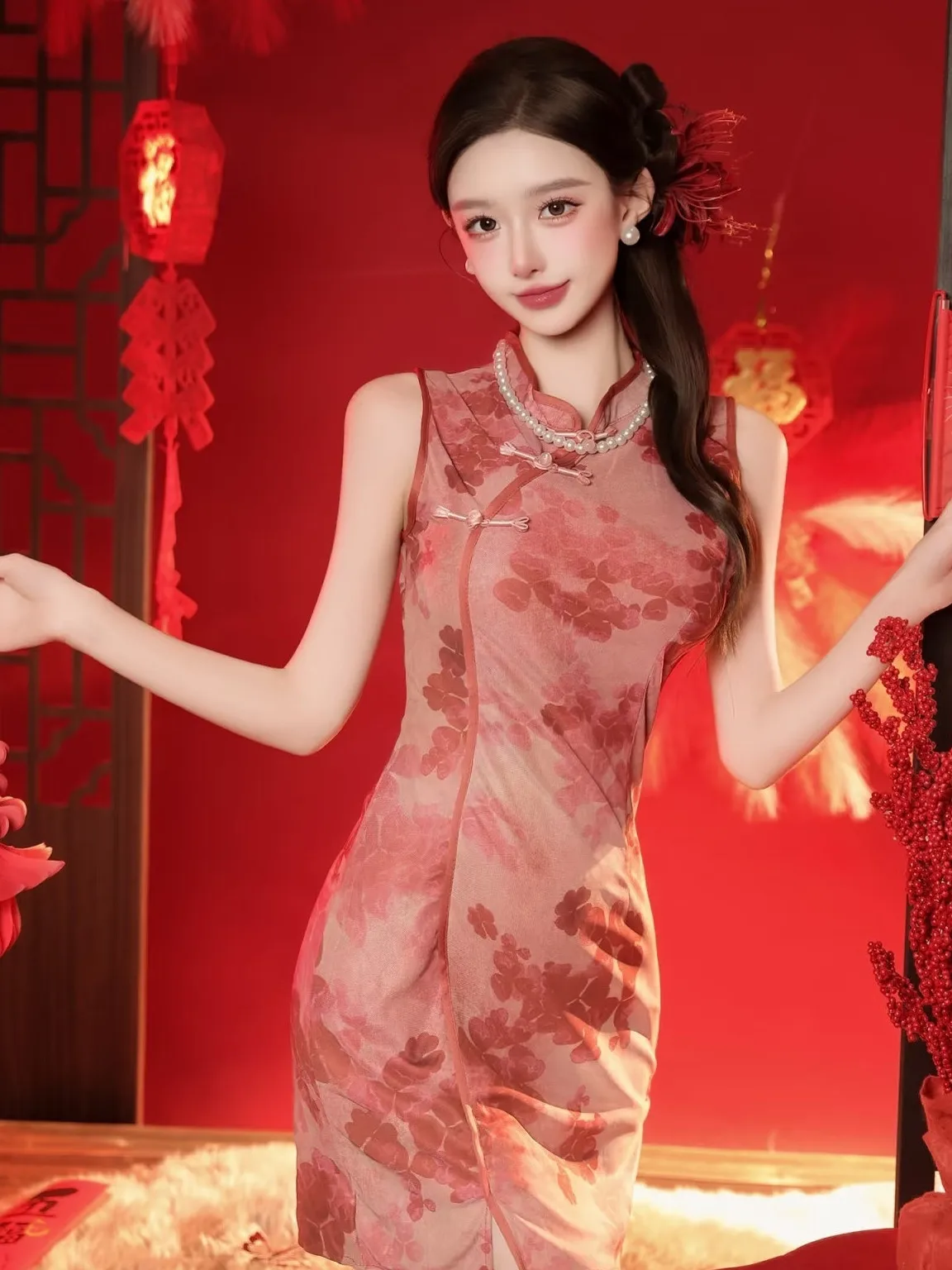 

Новогодняя тематическая красная китайская одежда для фотостудии, художественная одежда в новом китайском стиле, традиционный китайский костюм