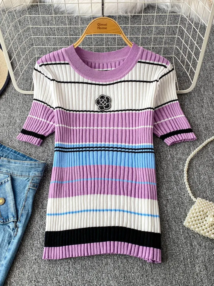 

Slim Fit Striped round Ne ort Sve Knitted T-irt Women's College Sle Miu Pattern Elastic Versatile Slimming Top