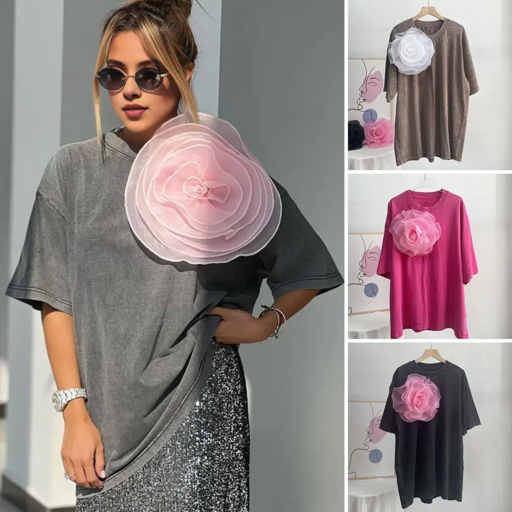 

Women Washed Distressed T-shirt Stylish 3d Flower Embellished Women's Summer T-shirts Distressed Washed Loose Fit Tee Elegant