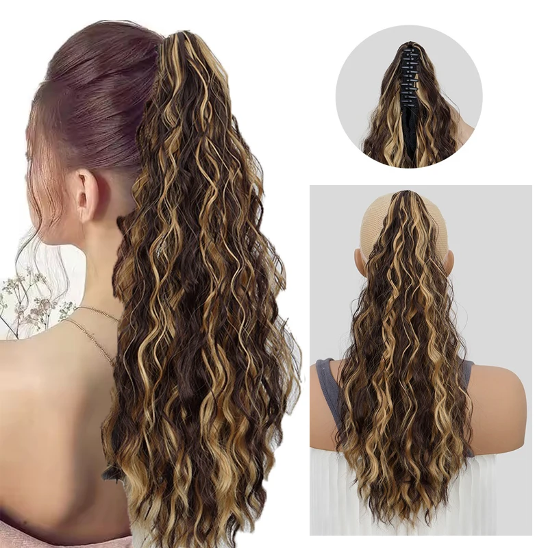 

20Inch Synthetic Curly Claw Clip in Ponytail Hair Extension Daily Use Blonde Black Fluffy Hairpiece for Women