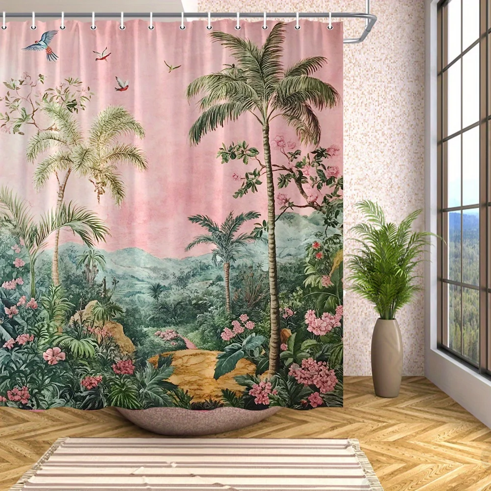 1 Vintage Botanical Palm Tree and Hibiscus Shower Curtain, Pastel Colors and Birds, 12 Hooks, 70x70 Inch