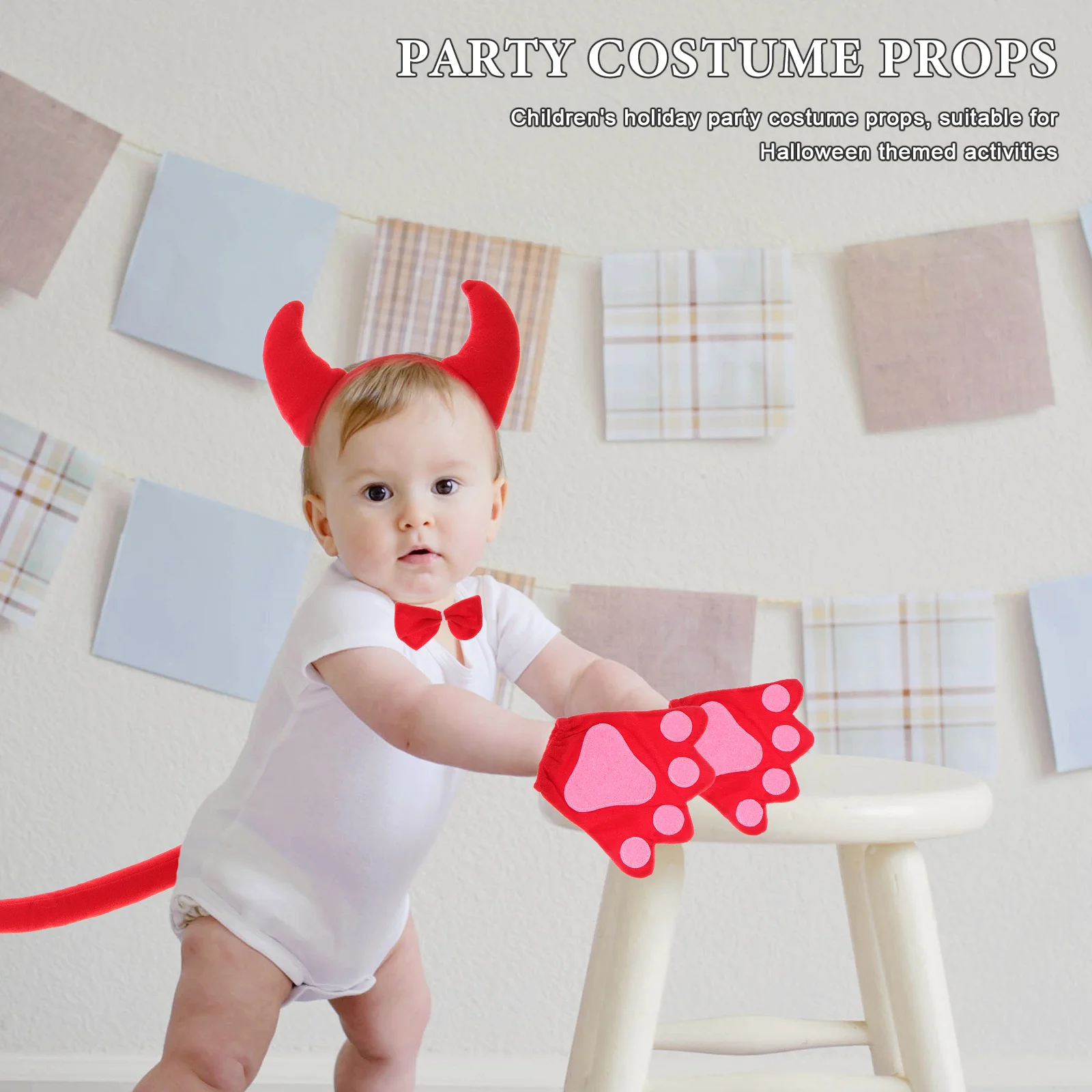1 Juego de diadema con cuernos de diablo, conjunto de disfraz con pajarita y cola, accesorio de vestir para fiesta de Halloween, accesorios de Cosplay para cumpleaños
