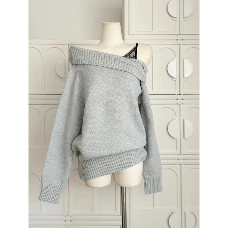 

Winter Women Mori Girl Coquette Fake Two Pieces Knitwear Korean Shoujo 2000s Aesthetic Long Sleeve Sweater Gyaru Off Shoulder