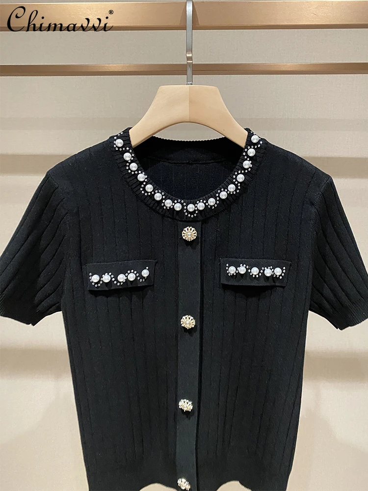 

2024 Summer Knitted T-shirt Women's Beaded round Neck Short Sleeve Slim-Fit Commute Casual All-Match Black Knitwear Tops Shirt