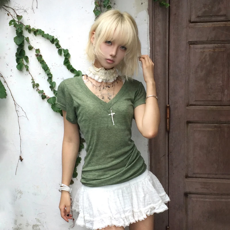 Karrram Japanese Y2k Green Knitted T-shirt Trashy 2000s Style V-neck Top Vintage Harajuku Short Sleeve Tee Shirt American Retro image 3