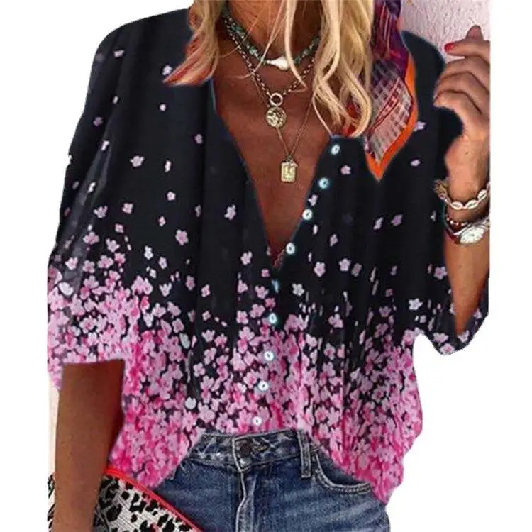 Col montant imprimé pour femmes, irt, manches mi-longues, coupe ample, fibre de Polyester, longueur 00% sept Sve, motif Floral