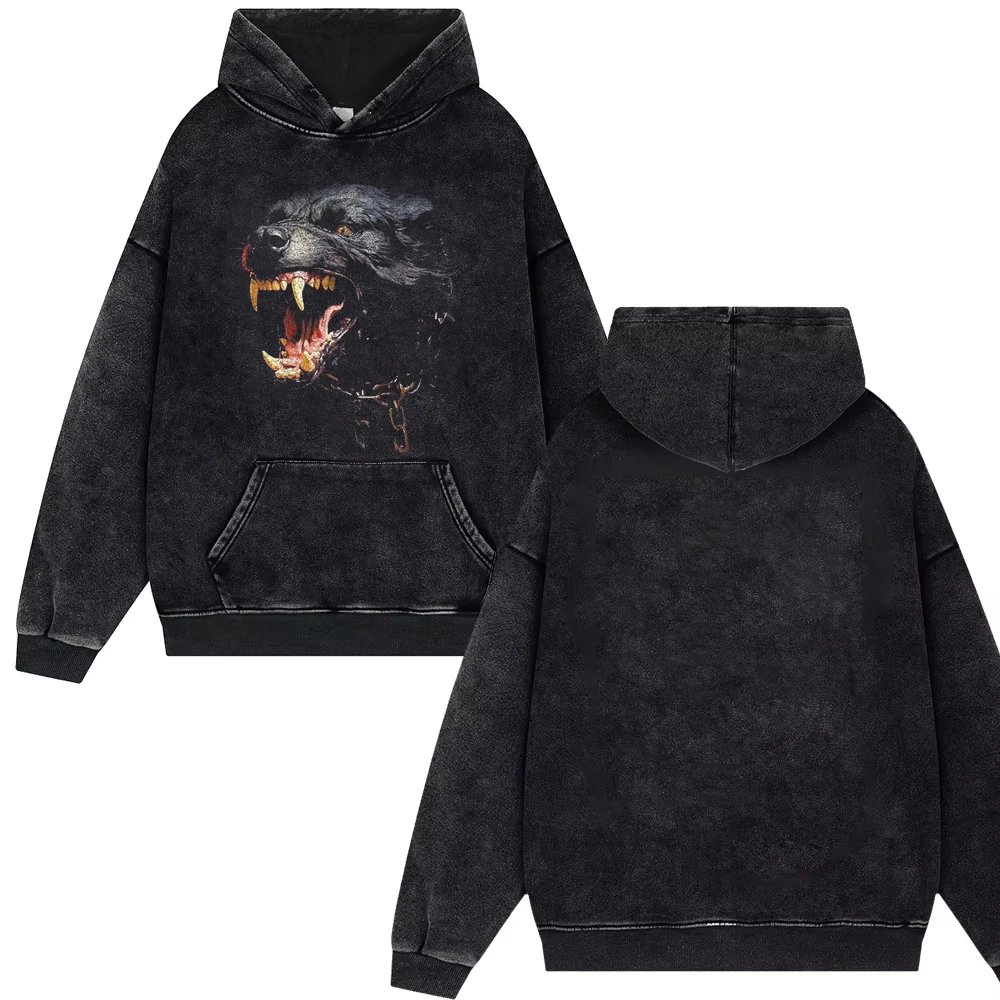 Streetwear Beast Rottweiler Dog Vintage Black Washed Hoodie Hip Hop Punk Gothic Loose Harajuku Tops Oversize Yk2 Unisex Pullover