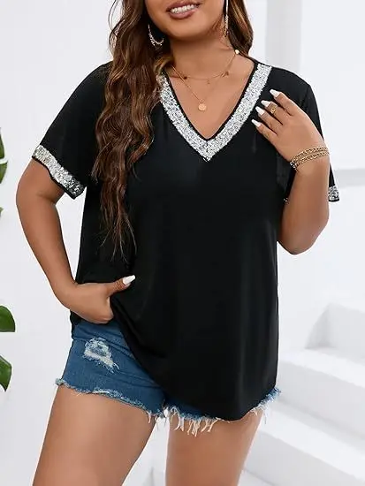 2024 Frühling neue einfarbige Perle Kurzarm Pailletten T-Shirt Top Damen bekleidung