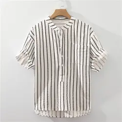 Simplicity Office Lady Casual T-Shirts Man Stand Collar Short Sleeve Button Men's Clothing 2023 Striped Straight Spring Summer