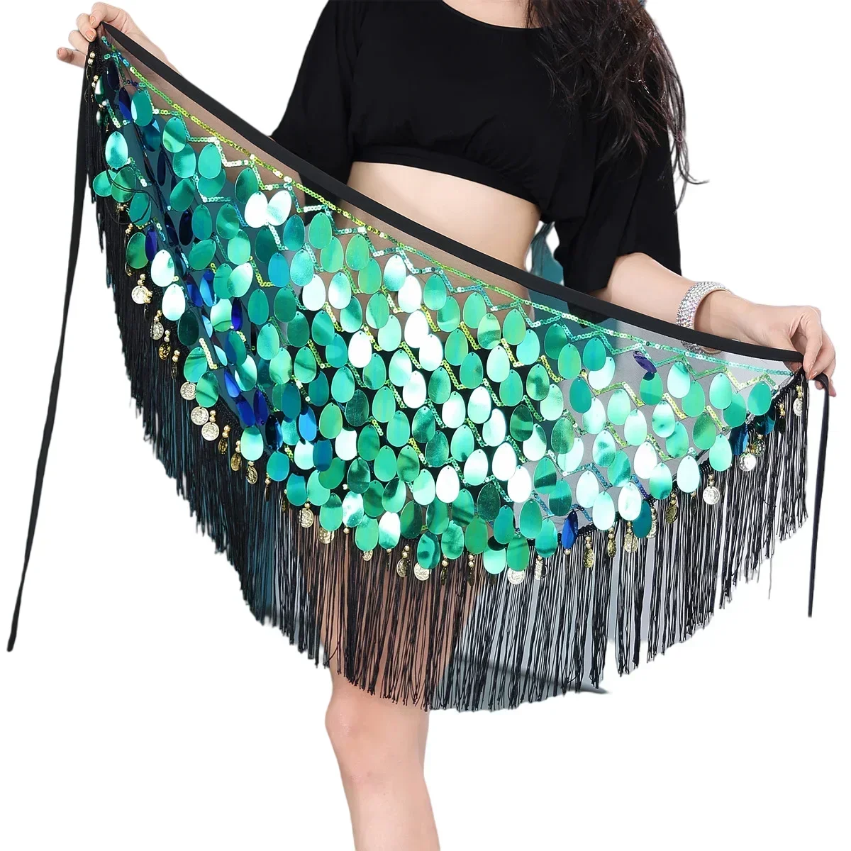 Belly Dance Hip Skirt Tassel Scarf Sequin Wrap Rave Costume for Women Bellydance Belt Dance Performance Skirt Shine Extra Long