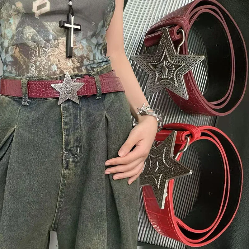 Punk Star Wine Red Leather Belts for Spicy Girl Vintage Gothic Fashion Trend Personalized Subculture Five-pointed Star Waistband