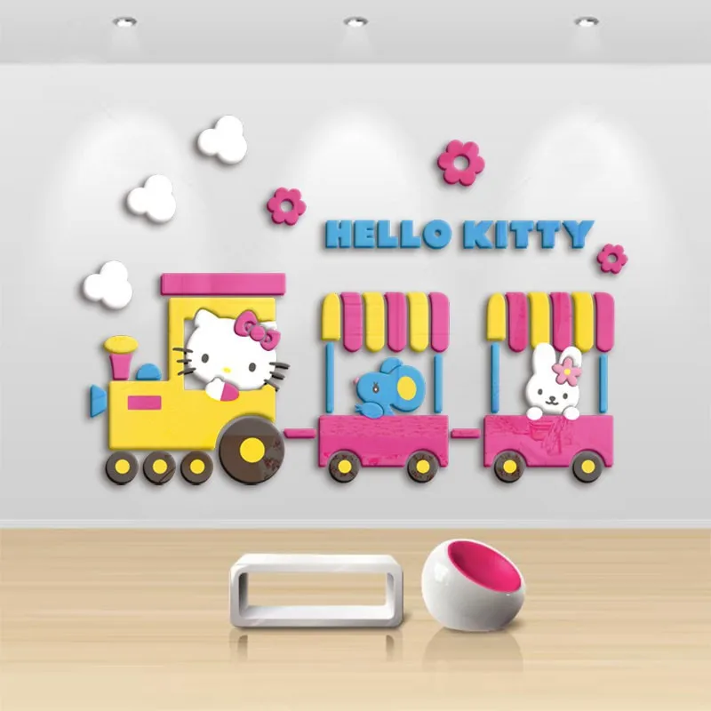 Sanrio Hello Kitty Wall Sticker DIY Self-assembly Cartoon Anime Kitty Train 3D Acrylic Wall Stickers Kid Bedroom Wall Home Decor