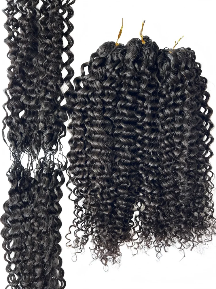 Voorgescheiden Feather Kinky Curly Crochet Haarverlengingen van Echt Haar, Voorgeknoopt met Knotless Strings, Verlenging voor Vlechten en Twists, 20 inch - afbeelding 2