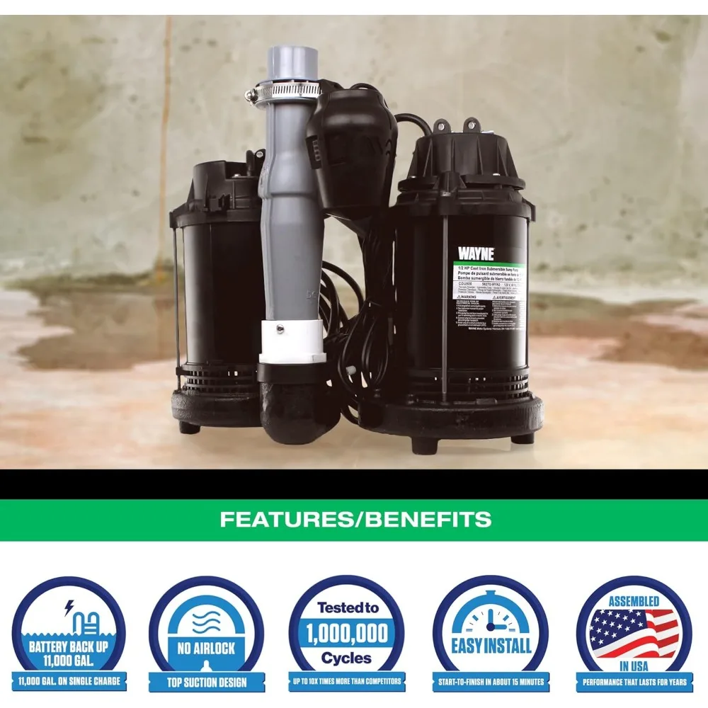 1/2 HP Basement [Sump] [Pump] System with Integrated Vertical Float Switch and 12 Volt [Battery] Back Up Capability