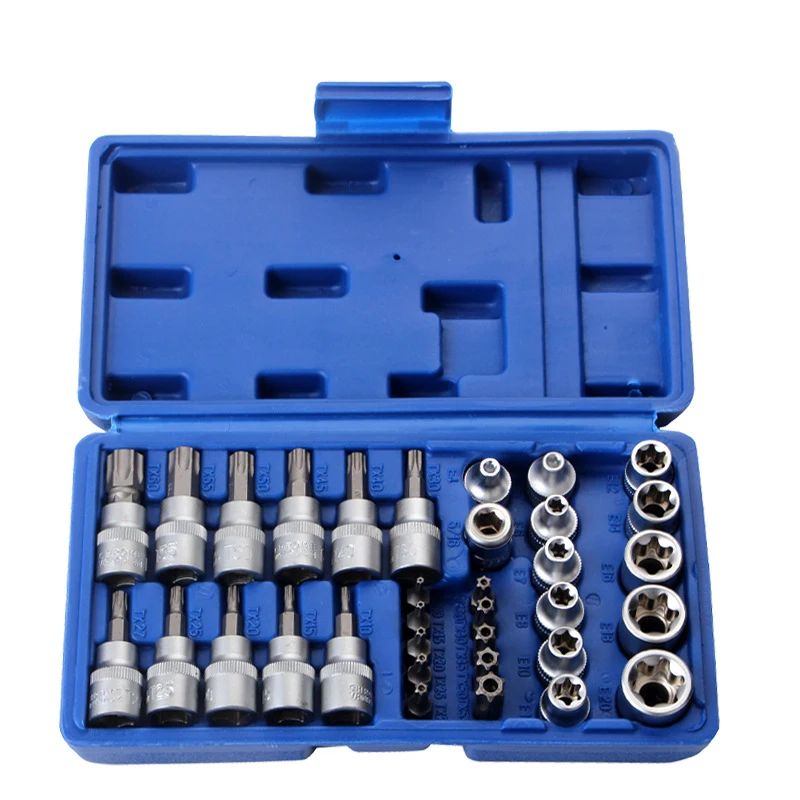 ABSS-34Pcs Torx Socket Set Triple Square Socket Set Torx Bit Socket Set Star Bit Set Male Female Set