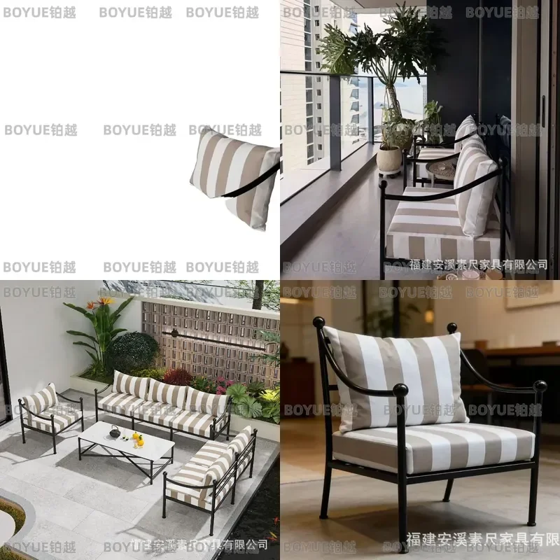 Wrought Iron Outdoor Sofa Set Patio Garden Furniture Waterproof Leisure Chair Coffee Table Combination for Courtyard Real