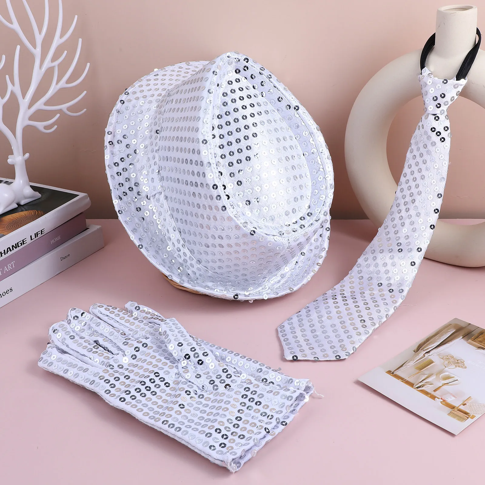 

1Set Jazz Dance Accessories Set Shiny Sequins Hat Gloves Necktie Stage Performance Party Supplies Jazz Hat Performance Costume