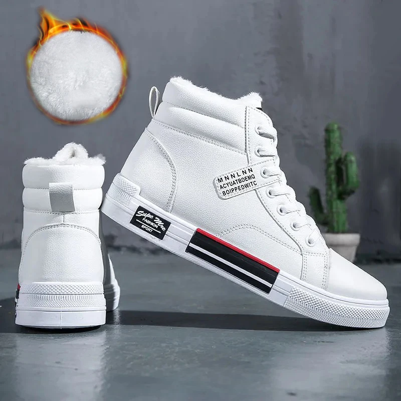 Plush White Shoes For Men Winter High Top Leather Sneakers Male Waterproof Booties Man Teen Boys Fashion Trainer Sports Shoes