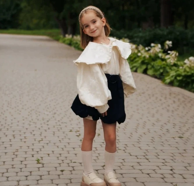 2026 Russian Spring and Autumn Girls' Cotton and Hemp Casual Ruffle Top Shirt Half Skirt American Two Piece Set